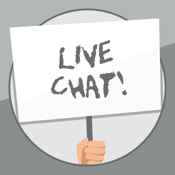Σύνταξη κειμένου Word Live Chat. Επιχειρηματική ιδέα για υπηρεσία Ιστού που επιτρέπει τις επιχειρήσεις ή τους φίλους σας να επικοινωνήσει χέρι εκμετάλλευση κενό λευκό πλακάτ υποστηρίζεται από λαβή για κοινωνική ευαισθητοποίηση. — Φωτογραφία Αρχείου