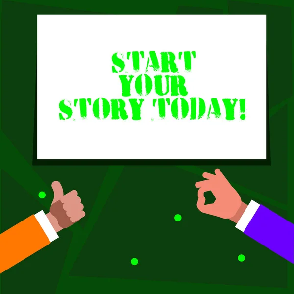 Word writing text Start Your Story Today. Business concept for work hard on yourself and begin from this moment Two Businessmen Hands Gesturing the Thumbs Up and Okay Sign for Promotion. — Stock Photo, Image
