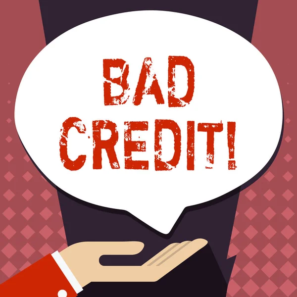 Text sign showing Bad Credit. Conceptual photo offering help after going for loan then getting rejected Palm Up in Supine Position for Donation Hand Sign Icon and Speech Bubble.