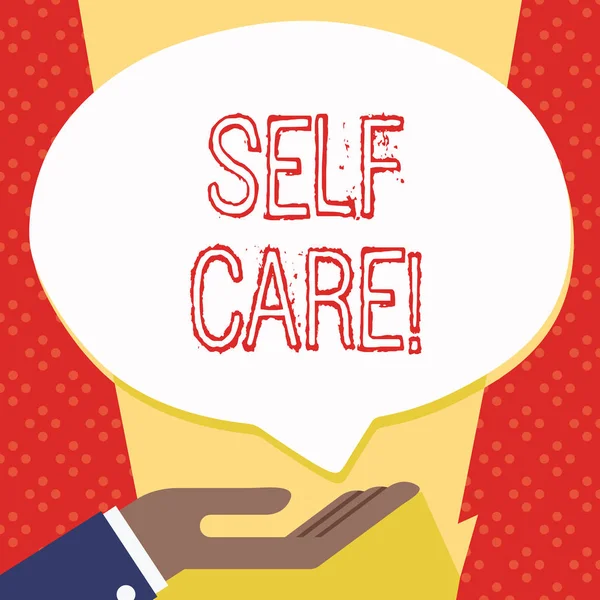 Text sign showing Self Care. Conceptual photo practice of taking action preserve or improve ones own health Palm Up in Supine Position for Donation Hand Sign Icon and Speech Bubble. — Stock Photo, Image