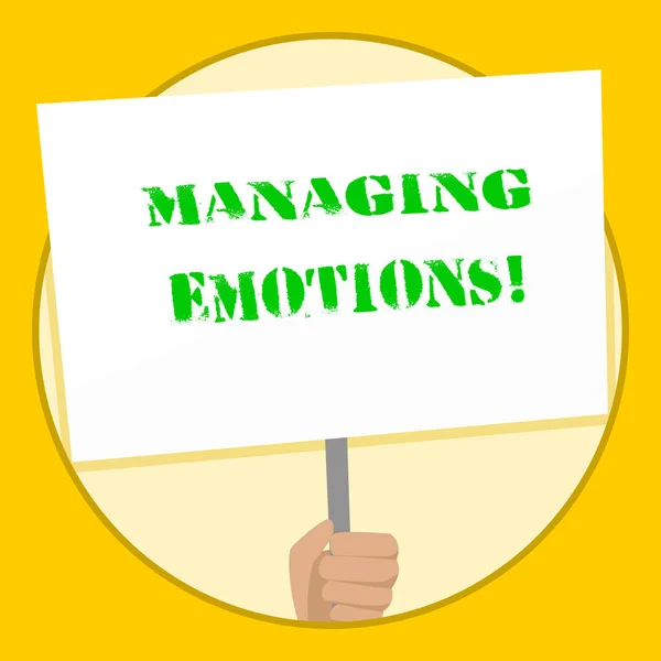 Signo de texto que muestra Managing Emotions. La capacidad conceptual de la foto esté abierta a los sentimientos y modularlos en uno mismo Mano sosteniendo la placa blanca en blanco Apoyada por la manija para la conciencia social . — Foto de Stock