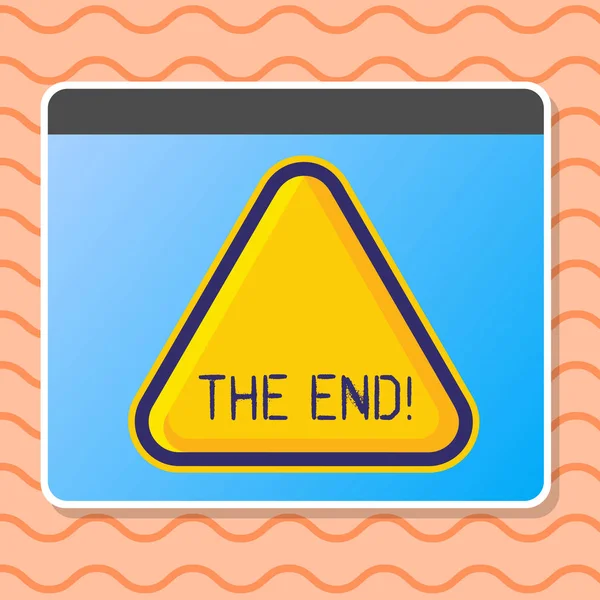 Writing note showing The End. Business photo showcasing Conclusion of time for something ending of life Blank Yellow Embossed Triangle with Border as Web Button In Screen. — Stock Photo, Image