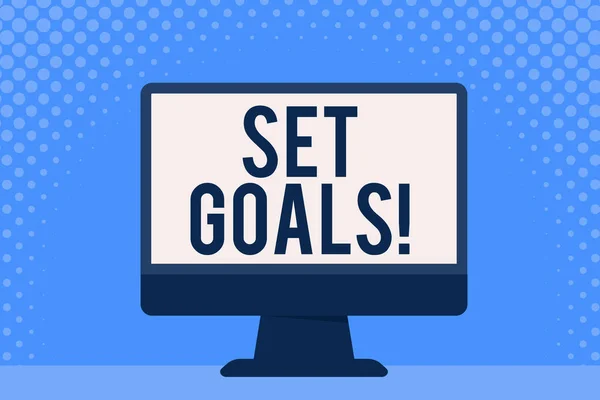 Conceptual hand writing showing Set Goals. Business photo showcasing process of identifying something that you want to accomplish Blank Desktop Computer Colorful Screen Freestanding on Table. — Stock Photo, Image