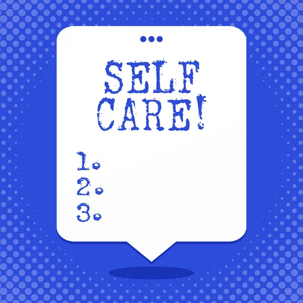 Word writing text Self Care. Business concept for practice of taking action preserve or improve ones own health Blank Space White Speech Balloon Floating with Three Punched Holes on Top. — Stock Photo, Image