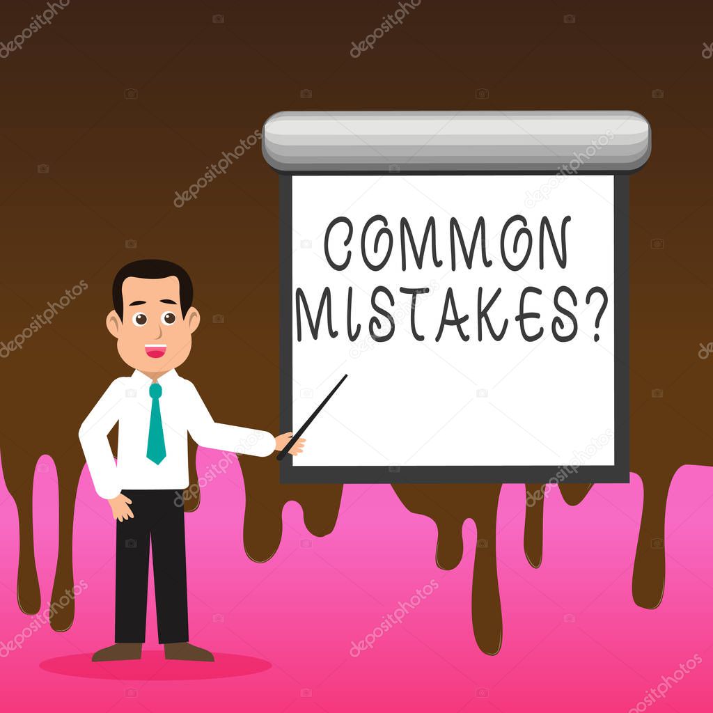 Conceptual hand writing showing Common Mistakes Question. Business photo text repeat act or judgement misguided making something wrong Man in Necktie Holding Stick Pointing White Screen on Wall.