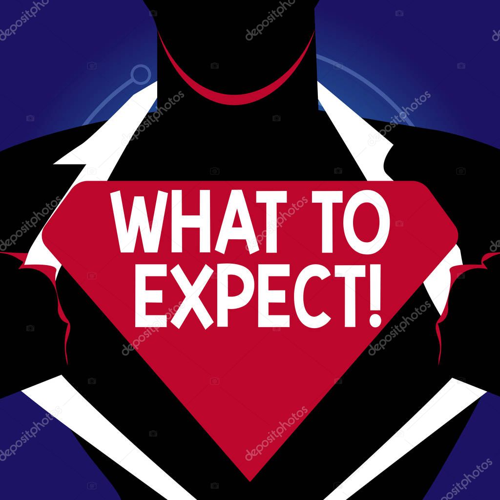 Writing note showing What To Expect. Business photo showcasing asking about regard something as likely to happen occur Man Opening his Shirt to reveal the Blank Triangular Logo.