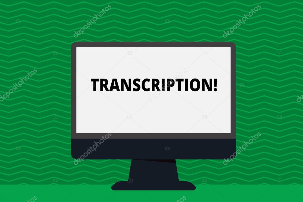 Writing note showing Transcription. Business photo showcasing Written or printed process of transcribing words text voice Blank Desktop Computer Colorful Screen Freestanding on Table.