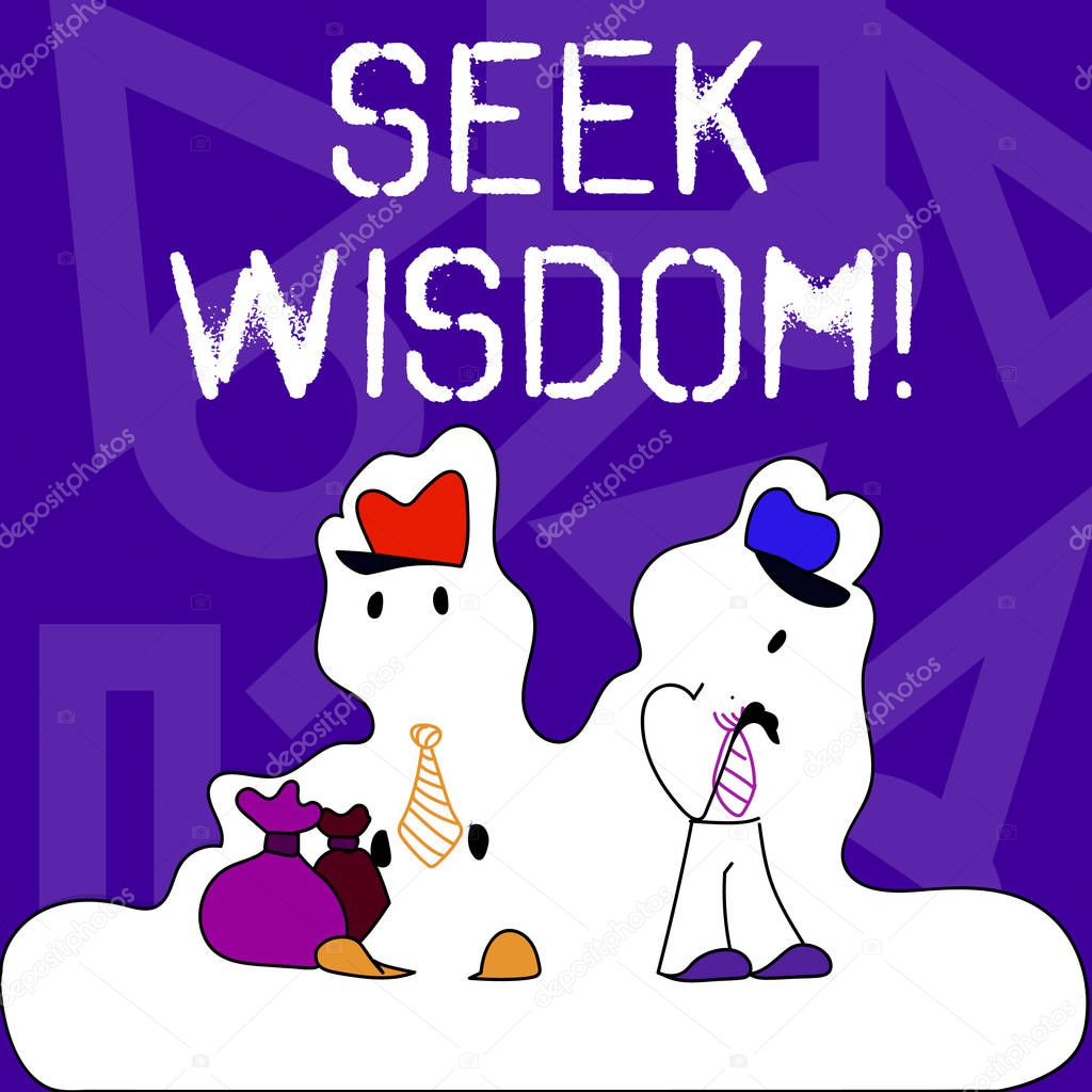 Conceptual hand writing showing Seek Wisdom. Business photo text ability to think act using knowledge experience understanding Figure of Two Men Standing with Pouch Bag White Snow Effect.