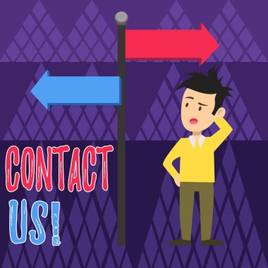 Bize ulaşın yazma el yazısı metin. Adam yol işareti ok işaret ters yan yönüne ile karıştırılmamalıdır gösteren özel veya demonstratingal bilgi bireylerin anlam kavramı.