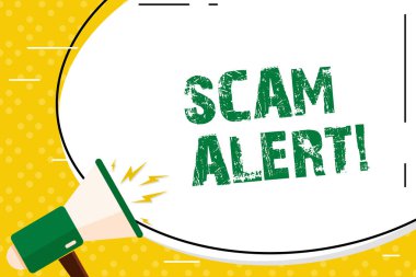 Scam Uyarısı gösterilen not yazma. Genellikle boş beyaz büyük Oval şekli etiket ve megafon bağırarak gösterilen para almanın amacı ile yasadışı hüner vitrine iş fotoğraf.