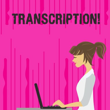 Transkripsiyon gösterilen metin işareti. Kavramsal fotoğraf yazılı veya kelime metin ses fotoğraf genç meşgul kadın oturmuş yan görünüm ve çalışma üstünde onu Laptop transkripsiyonu yazdırılan işlemi.
