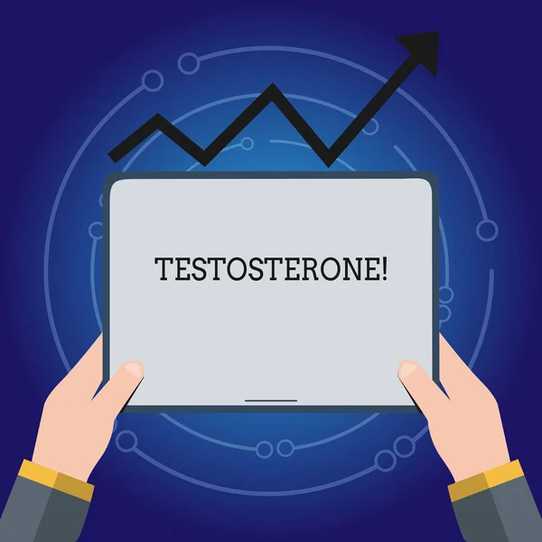 Writing note showing Testosterone. Business photo showcasing Male hormones development and stimulation sports substance Hand Holding Tablet under the Progressive Arrow Going Upward.