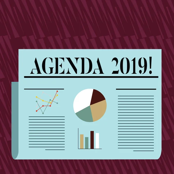 Nota de escritura que muestra la Agenda 2019. Lista de temas que se discutirán en la reunión formal o evento. Plan de diseño colorido de línea de texto, barra y gráfico de pastel. . — Foto de Stock