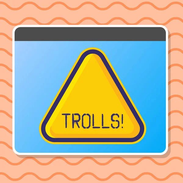 Escribiendo nota mostrando Trolls. Foto de negocios mostrando a los alborotadores en línea que publican mensajes inflamatorios provocativos Triángulo en relieve amarillo en blanco con frontera como botón web en pantalla . — Foto de Stock