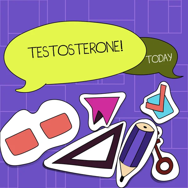 Handwriting text Testosterone. Concept meaning Male hormones development and stimulation sports substance Two Blank Colorful Speech Balloon and Different Labels Sticker Style Icons.