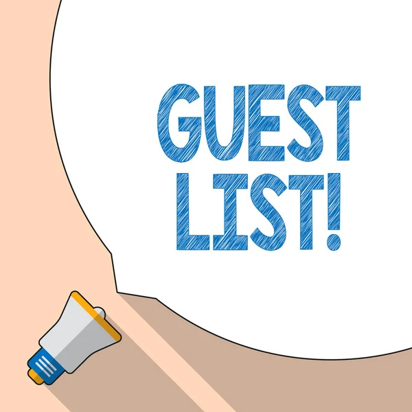 Writing note showing Guest List. Business photo showcasing showing who are to be admitted to concert or similar event White Speech Bubble Occupying Half of Screen and Megaphone. — Stock Photo, Image