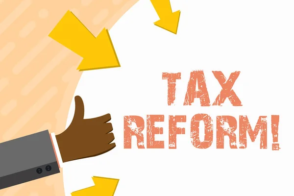 Word writing text Tax Reform. Business concept for process of changing way taxes are collected by government Hand Gesturing Thumbs Up and Holding on Blank Space Round Shape with Arrows.