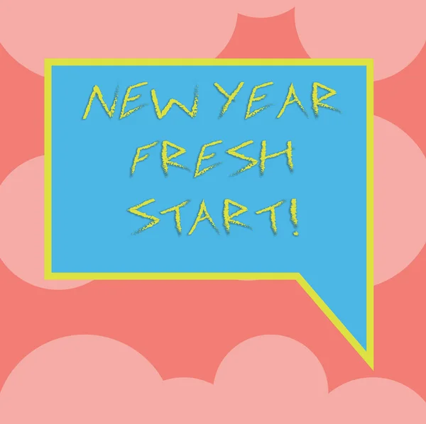 Writing note showing New Year Fresh Start. Business photo showcasing Time to follow resolutions reach out dream job Blank Rectangular Color Speech Bubble with Border photo Right Hand.