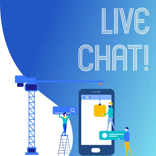 Text sign showing Live Chat. Conceptual photo Web service that allows businesses or friends to communicate Staff Working Together for Common Target Goal with SEO Process Icons.