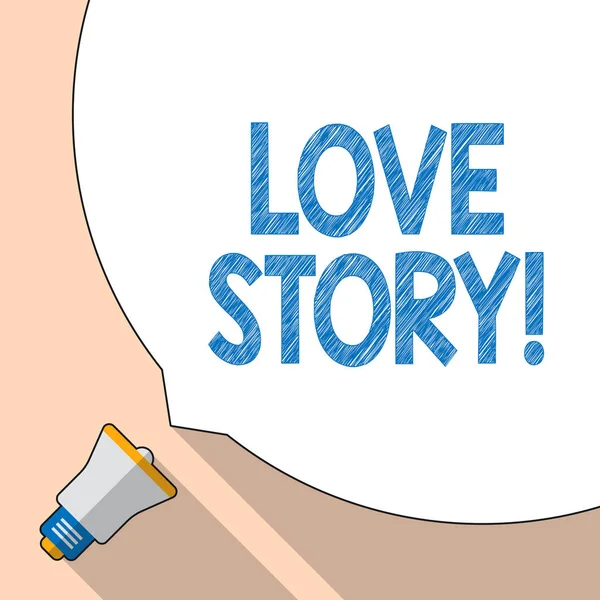 Schrijven van notitie weergegeven: Love Story. Zakelijke foto presentatie van roman over de relatie tussen twee demonstratings analyse White toespraak Bubble bezetten helft van Screen en megafoon. — Stockfoto