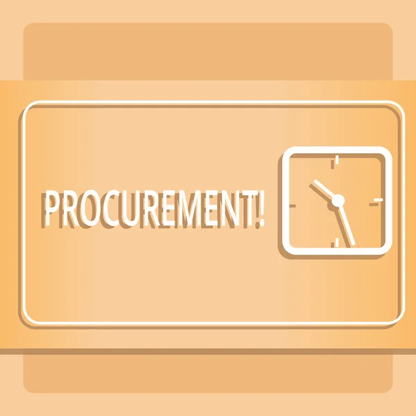 Text sign showing Procurement. Conceptual photo Procuring Purchase of equipment and supplies Modern Design of Transparent Square Analog Clock on Two Tone Pastel Backdrop. — Stock Photo, Image