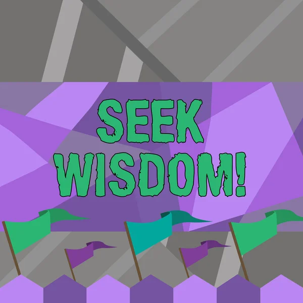 Word writing text Seek Wisdom. Business concept for ability to think act using knowledge experience understanding Blank Solid Colorful Pennant Streamer Flag on Stick Mounted on Picket Fence.