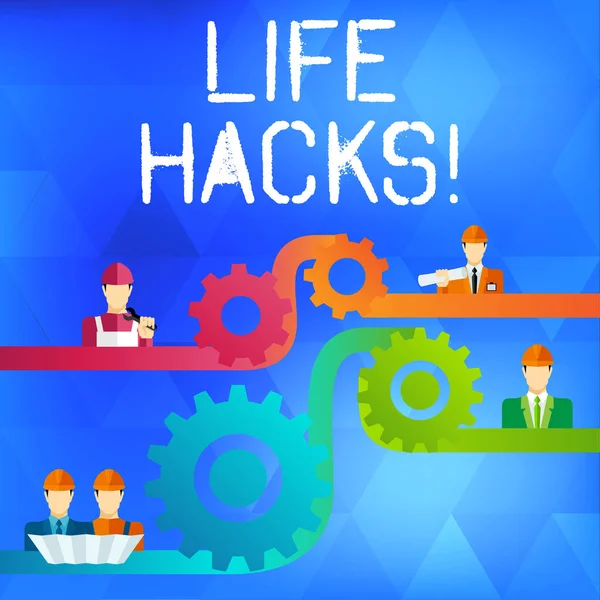 Signo de texto que muestra Life Hacks. Técnica de foto conceptual adoptado el análisis unos tiempo y actividades diarias Cog Gear Setting Icono Conexión de los hombres de diferentes caracteres profesionales . —  Fotos de Stock