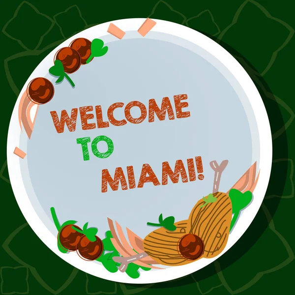 Escribir texto a mano Bienvenido a Miami. Concepto que significa llegar a la ciudad soleada de Florida vacaciones de playa de verano Cordero dibujado a mano Picaduras Hierba Especias Tomates Cherry en la placa de color en blanco . — Foto de Stock