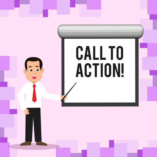Writing Obs visar Call To Action. Företag foto skylta viktigaste delen av online digital marknadsföringskampanj mannen i halsduk Holding Stick pekar vita skärmen på väggen. — Stockfoto