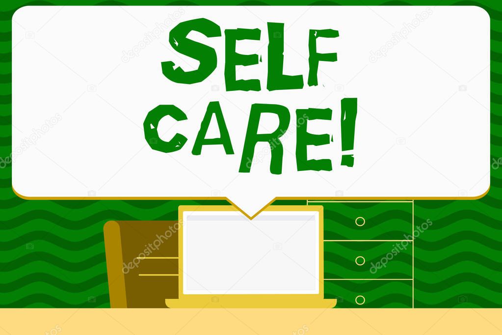 Writing note showing Self Care. Business photo showcasing practice of taking action preserve or improve ones own health Speech Bubble Pointing White Laptop Screen in Workspace Idea.