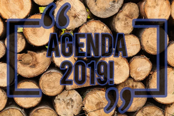 Conceptual hand writing showing Agenda 2019. Business photo text list of items to be discussed at formal meeting or event Wooden background vintage wood wild message ideas thoughts.