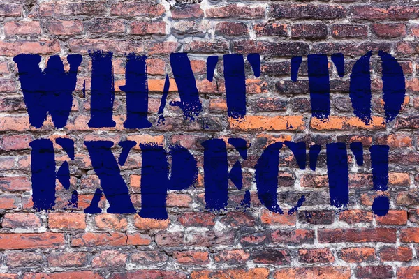 Texto de caligrafia O que esperar. Conceito significado perguntando sobre a consideração algo como provável de acontecer ocorrer Brick Wall arte como Graffiti chamada motivacional escrito na parede . — Fotografia de Stock