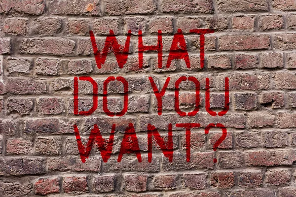 Writing note showing What Do You Want Question. Business photo showcasing say or write in order to ask demonstrating about something Brick Wall art like Graffiti motivational call written on the wall.