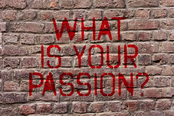 Writing note showing What Is Your Passion Question. Business photo showcasing asking about his strong and barely controllable emotion Brick Wall art like Graffiti motivational call written on the wall