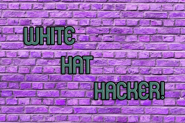 Conceptual hand writing showing White Hat Hacker. Business photo text Computer security expert specialist in penetration testing Brick Wall art like Graffiti motivational call written on the wall.