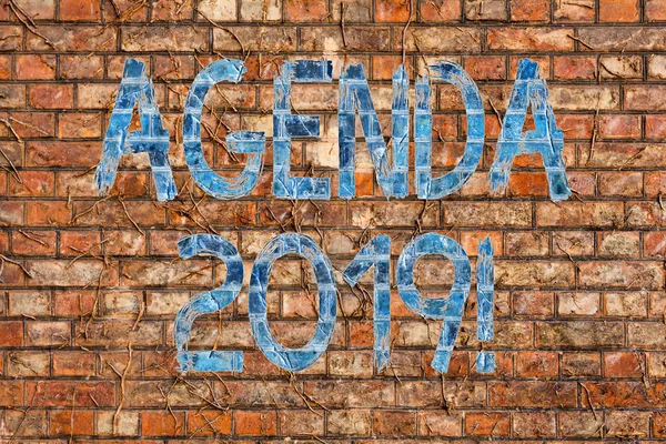Conceptual hand writing showing Agenda 2019. Business photo text list of items to be discussed at formal meeting or event Brick Wall art like Graffiti motivational call written on the wall.