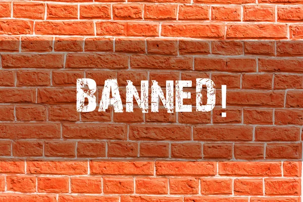 Writing note showing Banned. Business photo showcasing Ban steroids, No excuse for building Muscles. Brick Wall art like Graffiti motivational call written on the wall. — Stock Photo, Image