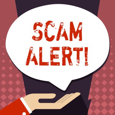 Scam Uyarısı gösterilen metin işareti. Genellikle Palm kadar sırtüstü pozisyonda bağış el işareti simgesi ve konuşma balonu için gösteren üzerinden para almanın amacı ile kavramsal fotoğraf yasadışı hüner.