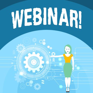 Webinar gösterilen not yazma. Internet Uzaktan Eğitim Web e-öğrenme Seo sürecinin Cog Wheel teçhizat içinde sunulması kadın vitrine iş fotoğraf.