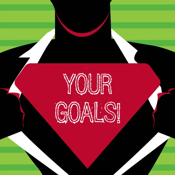 Woord schrijven tekst uw doelen. Bedrijfsconcept voor iets dat je hoopt te bereiken of te krijgen in de nabije of verre toekomst Man in Superman vormen Opening zijn Shirt te onthullen het lege driehoekige Logo. — Stockfoto