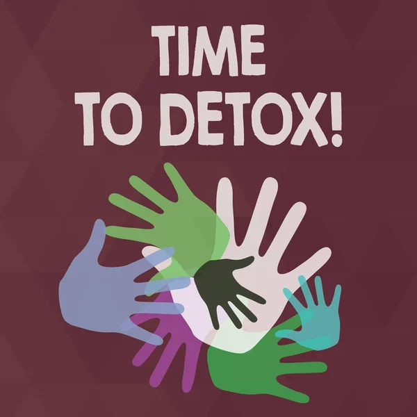 Word writing text Time To Detox. Business concept for when you purify your body of toxins or stop consuming drug Color Hand Marks of Different Sizes Overlapping for Teamwork and Creativity. — Stock Photo, Image