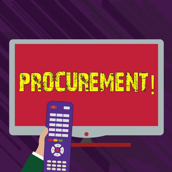 Conceptual hand writing showing Procurement. Business photo text Procuring Purchase of equipment and supplies Hand Holding Remote Control infront of Wide Color PC Screen. — Stock Photo, Image