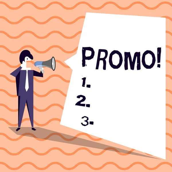 Aplikace Word psaní textu Promo. Obchodní koncept pro kus reklamní sleva speciální nabízejí prodej podnikatel křičí na megafon a prázdné bílé nerovnoměrný tvar řečovou bublinu. — Stock fotografie