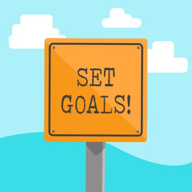 Metin ayarla gol yazma kelime. 3d Meydanı boş renkli uyarı yol işareti ile ahşap üzerine monte siyah kenarlık gerçekleştirmek istediğiniz bir şey tanımlama işlemi için iş kavramı.