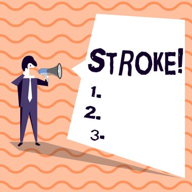 Word metin yazma felç. İş kavramı bilinç nedeniyle zayıf kan kaybeden hastalar için akış tıbbi işadamı bağırarak megafon ve boş beyaz düzensiz şekil konuşma balonu.