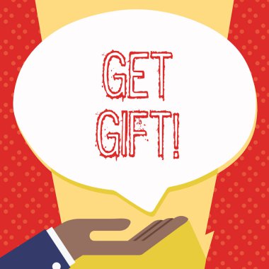 Hediyeyi gösterilen metin işareti. Kavramsal fotoğraf bir şey almadan vermek bir şey karşılığında Palm kadar sırtüstü pozisyonda bağış el işareti simgesi ve konuşma balonu için.