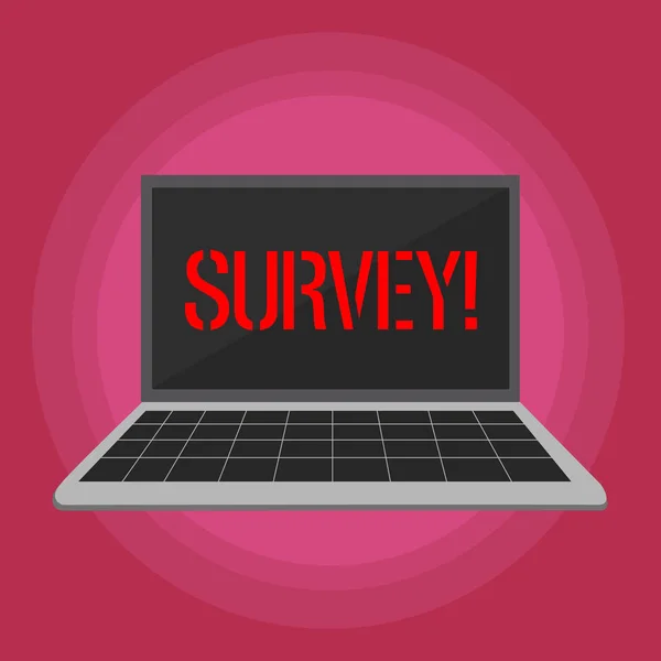 Text sign showing Survey. Conceptual photo Questioning group of showing to gather opinion on a particular subject Laptop with Grid Design Keyboard and Blank Black Screen on Pastel Backdrop. — Stock Photo, Image
