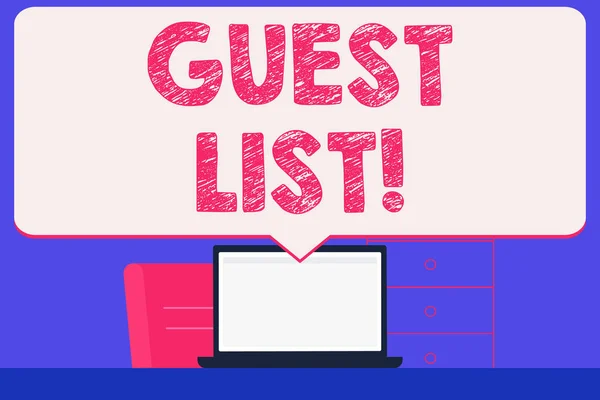 Text sign showing Guest List. Conceptual photo showing who are to be admitted to concert or similar event Blank Huge Speech Bubble Pointing to White Laptop Screen in Workspace Idea. — Stock Photo, Image