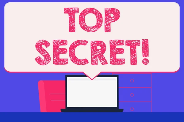 显示 "最高机密" 的文本符号。概念照片最高的 secrec 高度机密的文件信息或放置空白巨大的语音气泡指向白色笔记本电脑屏幕在工作区的想法. — 图库照片