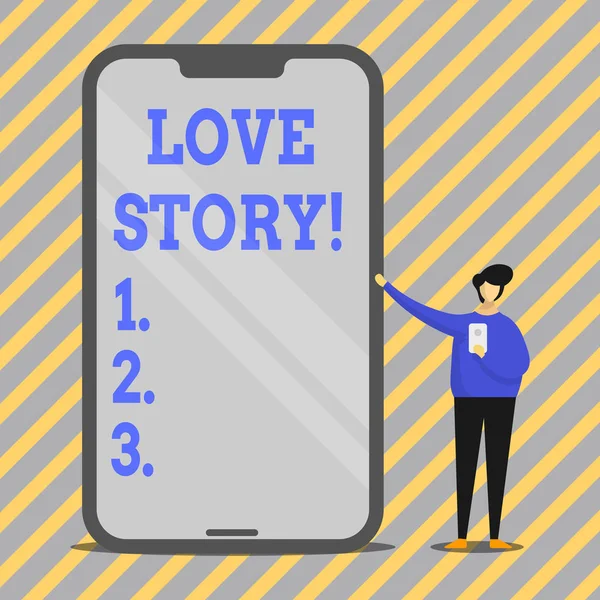 愛の物語を示すメモを書きます。ビジネス写真 2 demonstratings 分析別携帯の保持しながら男を提示巨大なスマート フォンの間の関係についての小説を紹介. — ストック写真